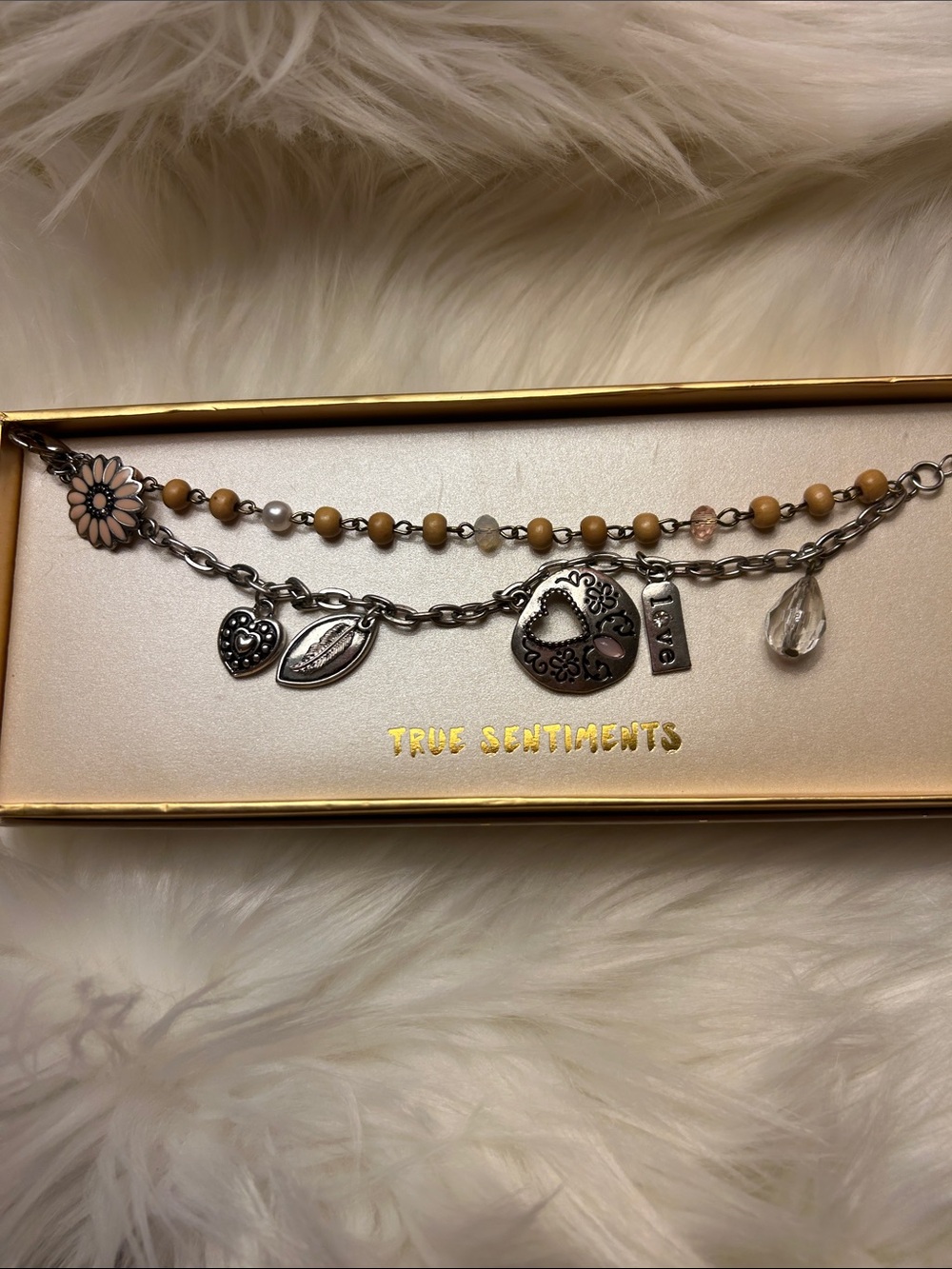Kohl's Two-Tone Silver Charm Necklace with Beige and Pink Accents